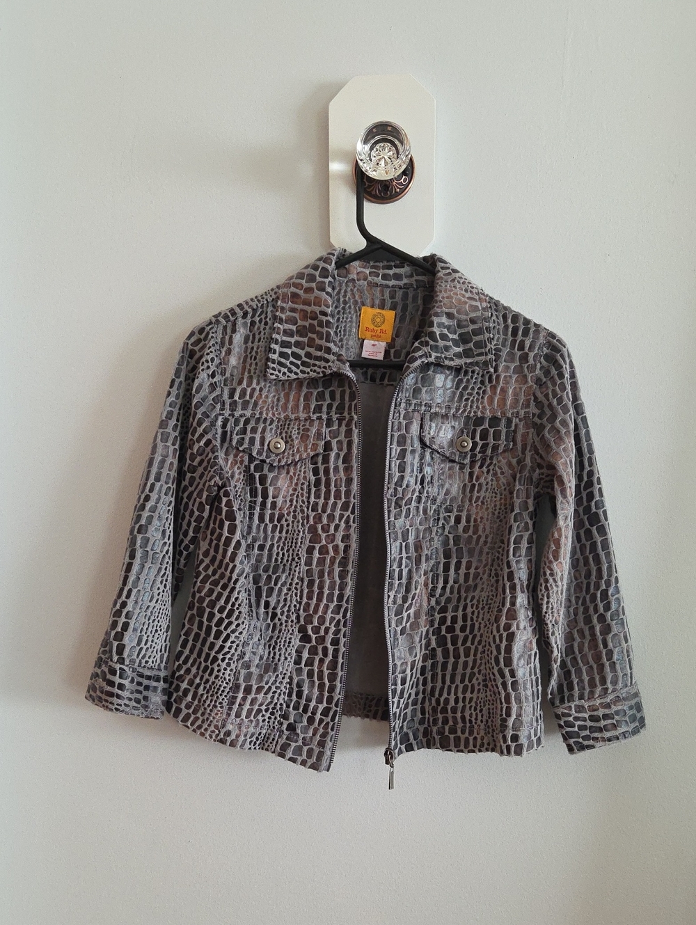 Ruby Rd. Grey Croc-Print Zip Front Jacket